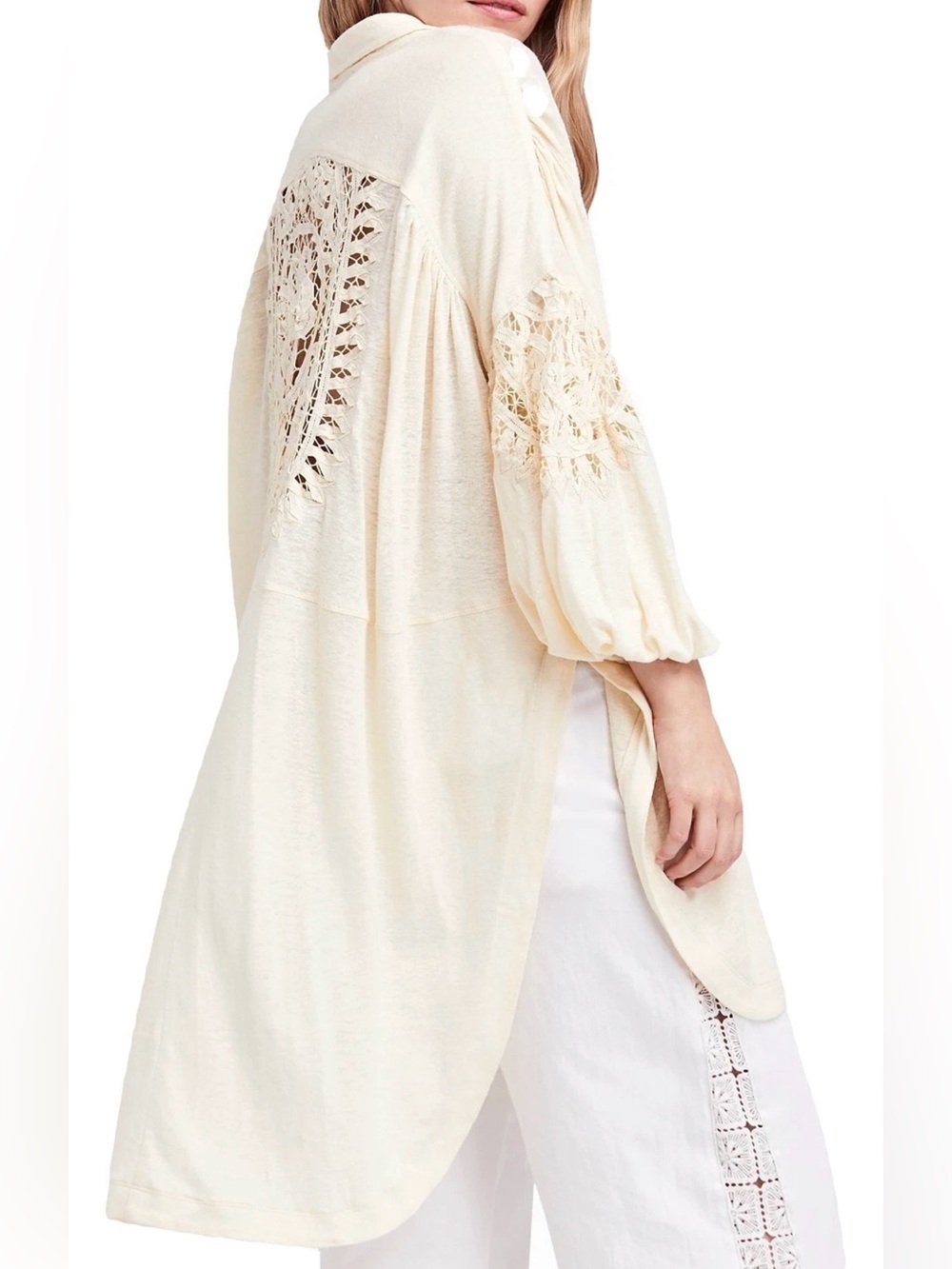 Free People Small Oversized Memory Lane Crochet Bohemian Tunic Off White B11